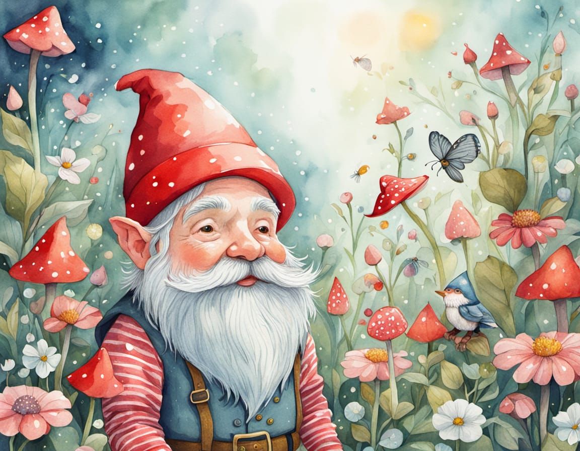 Enchanting Gnome in Magical Garden Illustration