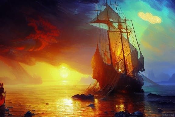 Underwater Shipwreck in Bright Triadic Colors