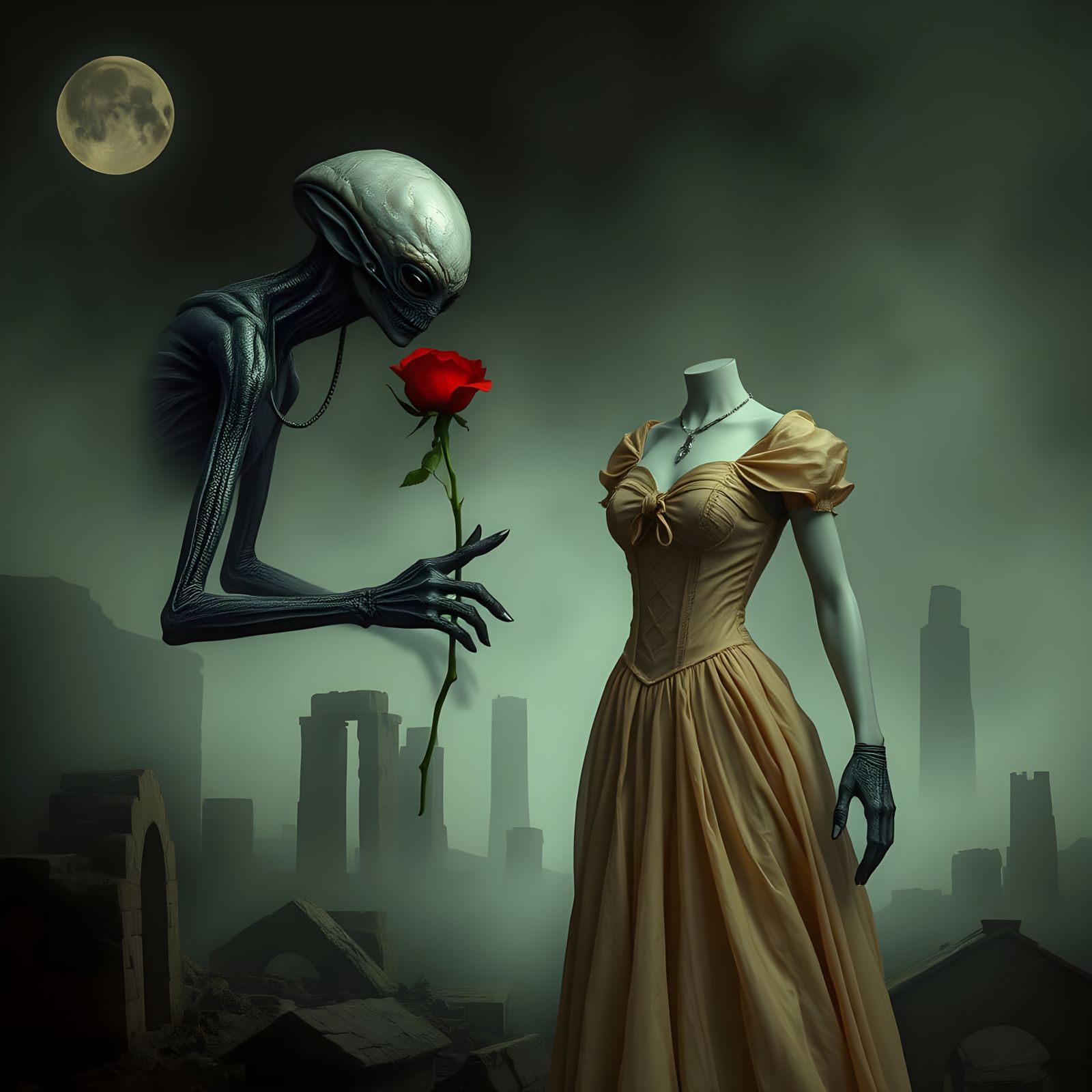 Alien Horror Meets Romantic Gesture in Cyberpunk Style