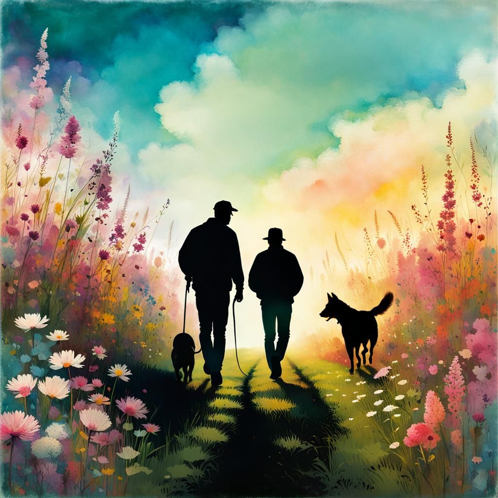 Silhouette of Man and Dog in Double Exposure Splash Art