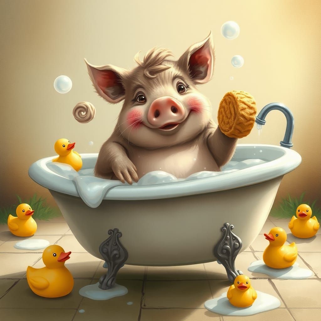 Playful Hog's Bath Time: A Whimsical Scene