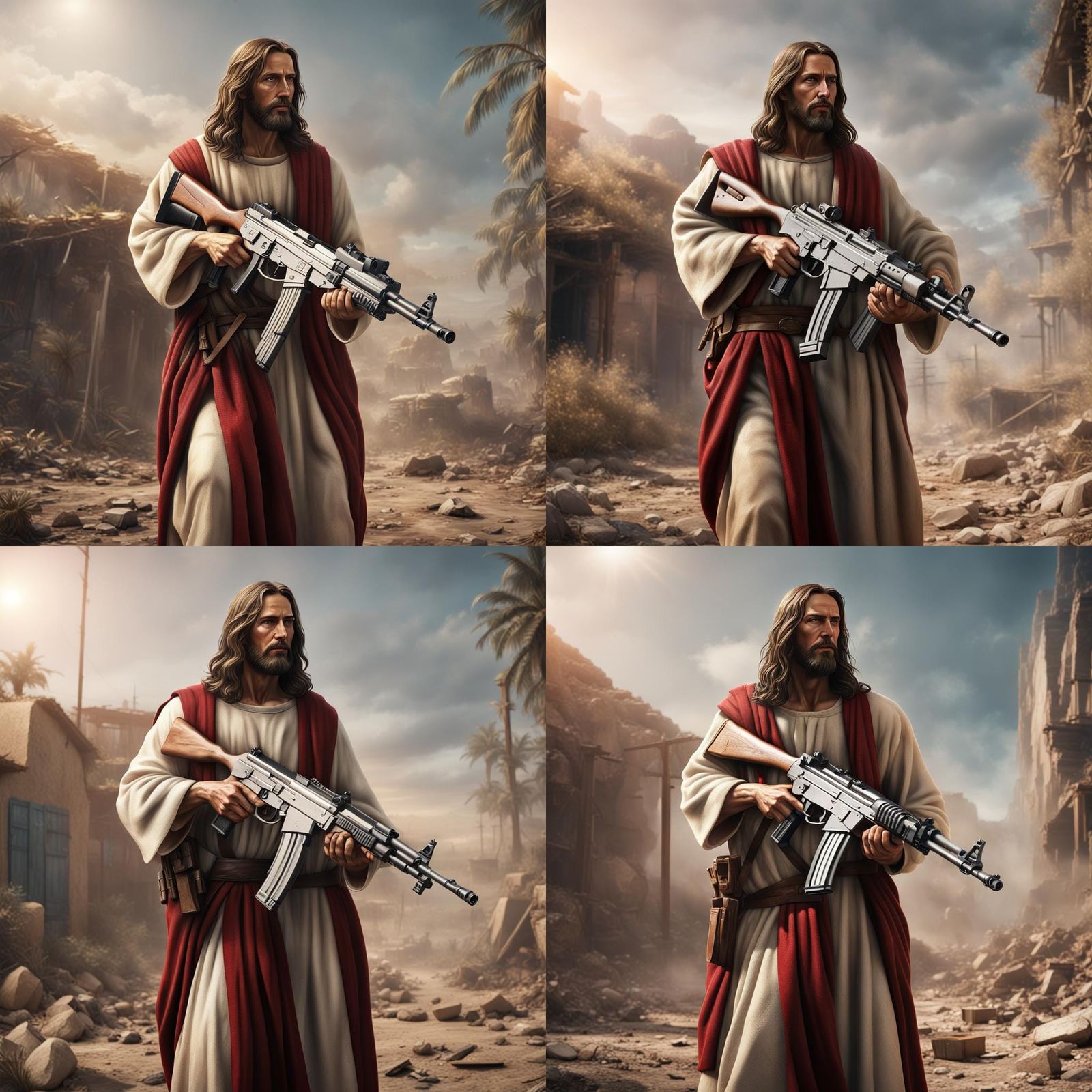 Jesus Christ with AK47: Hyperrealistic, Cinematic Render
