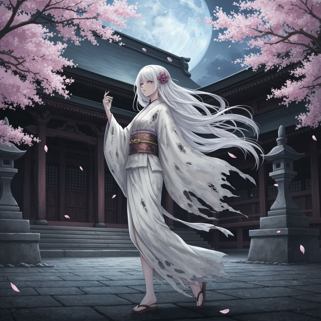 Anime Ghost Girl in Moonlit Temple Courtyard