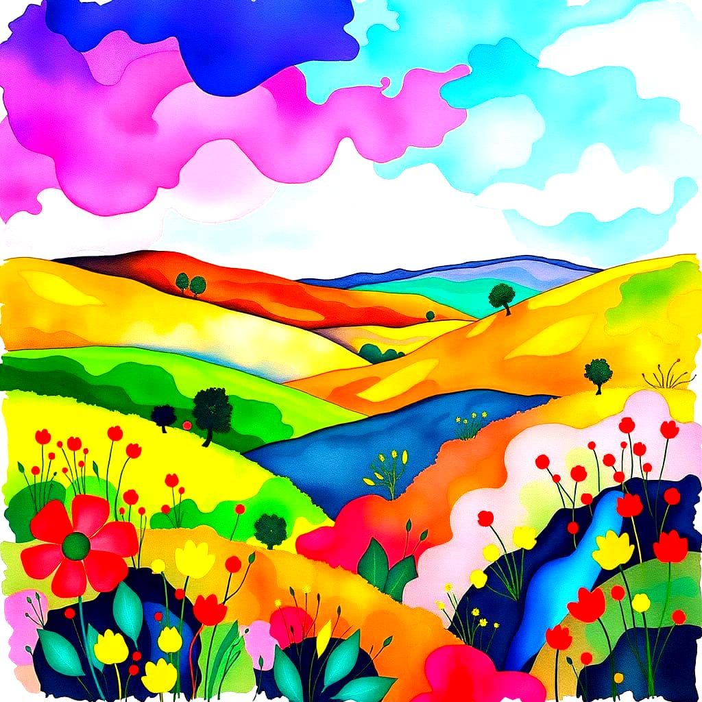 Vibrant Watercolour Landscape with Flowing Inks