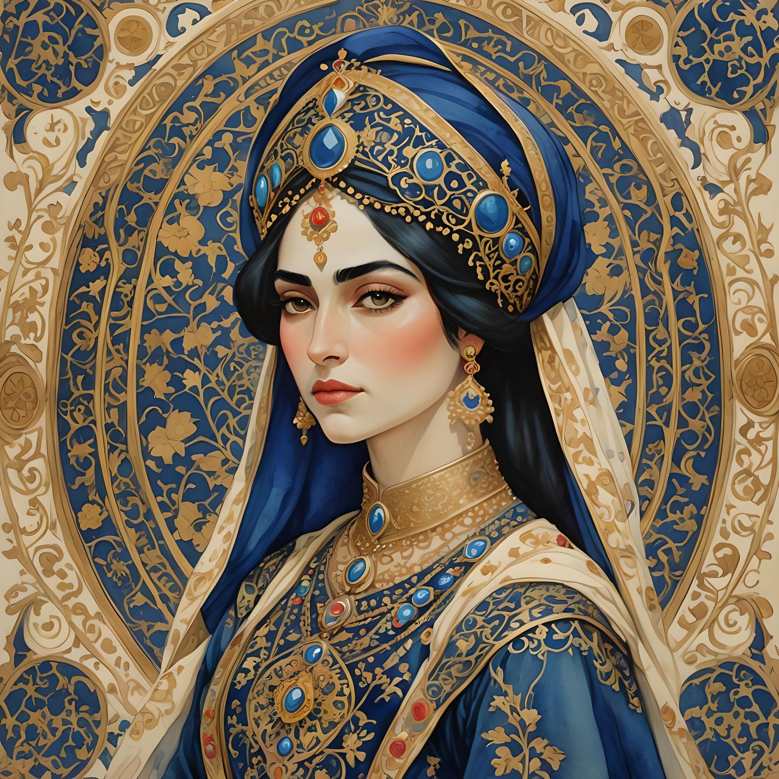 Qajar Princess Portrait in Gouache Style