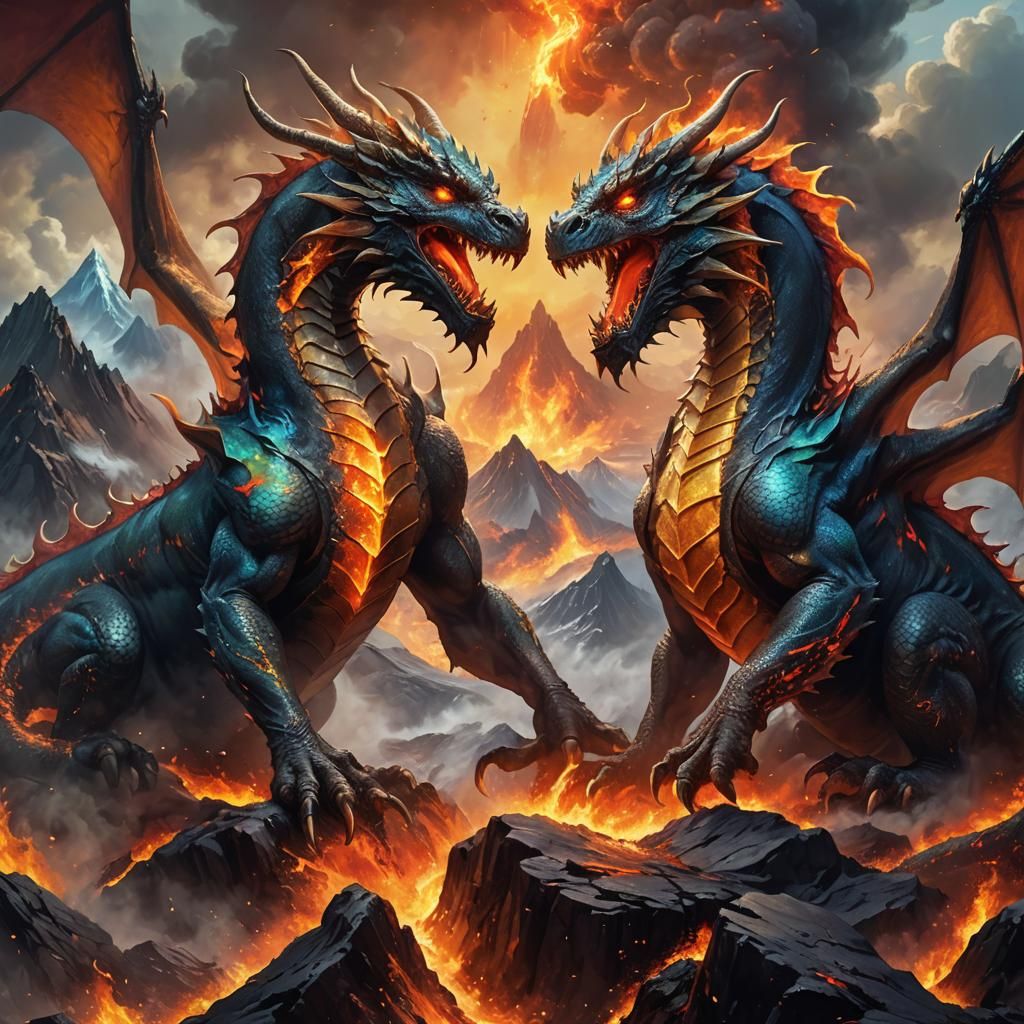Dragons Clash on Volcano: Epic Fantasy Oil Painting