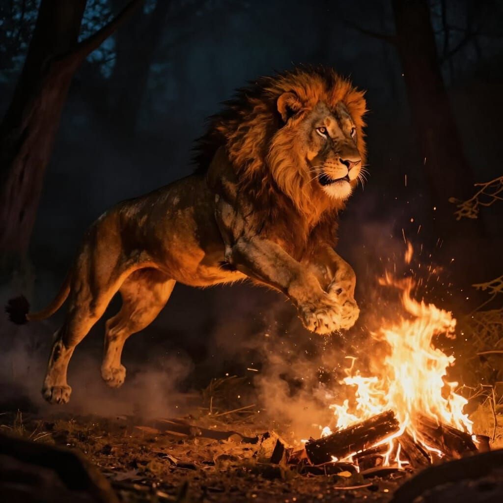 Lion Leaping Through Fire at Night - Fantasy Art