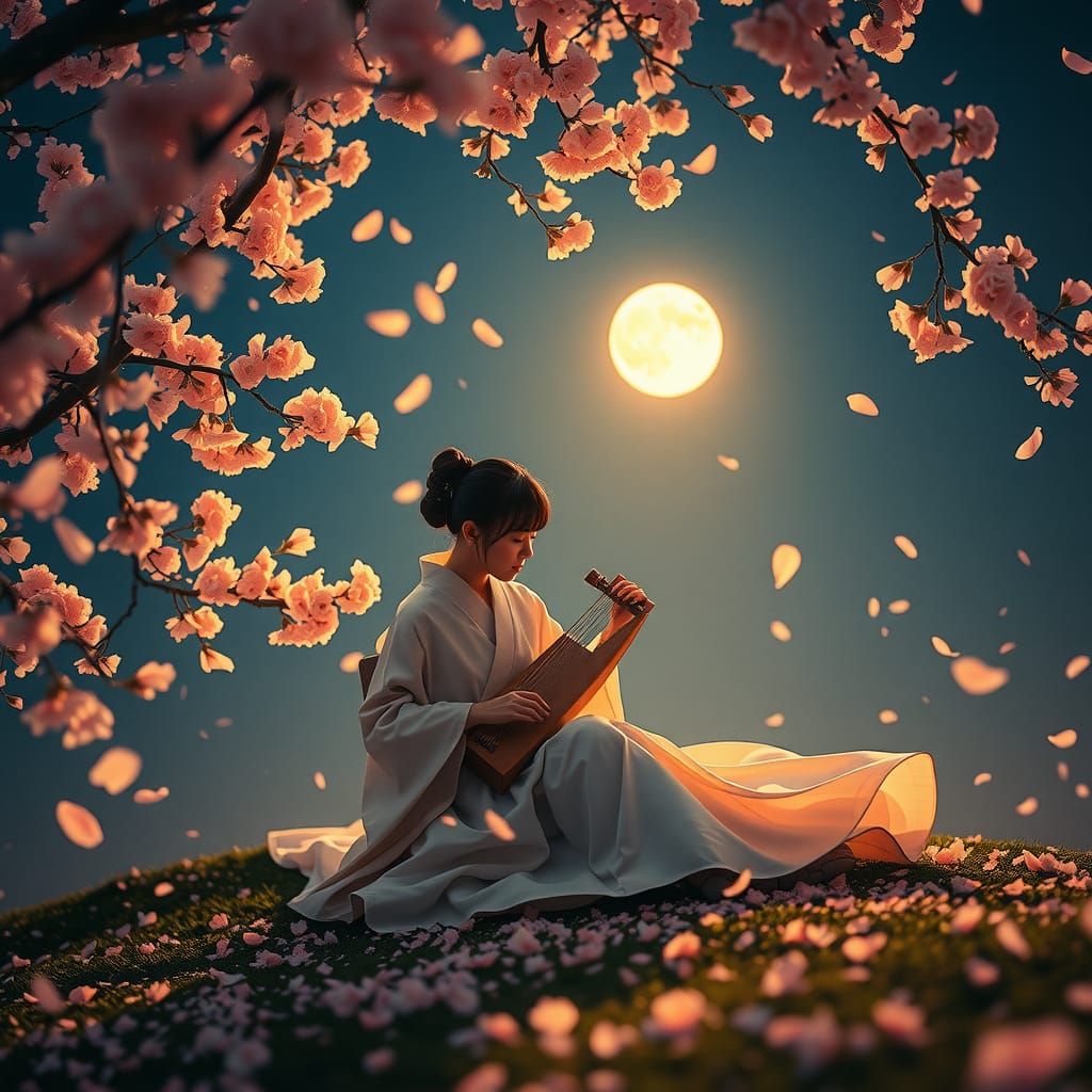 Serene Kimono Figure Beneath Cherry Blossoms at Night