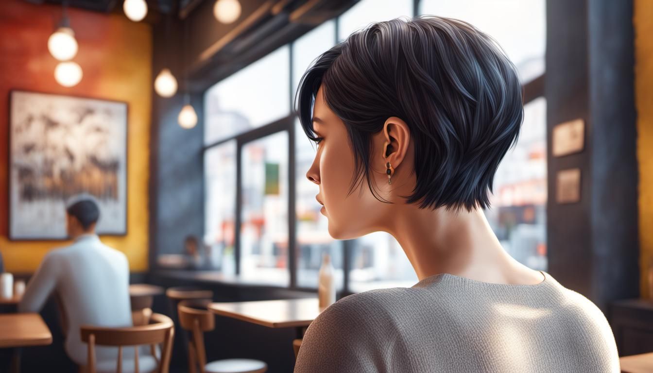 Hyperrealistic Back View of Girl in Cafe