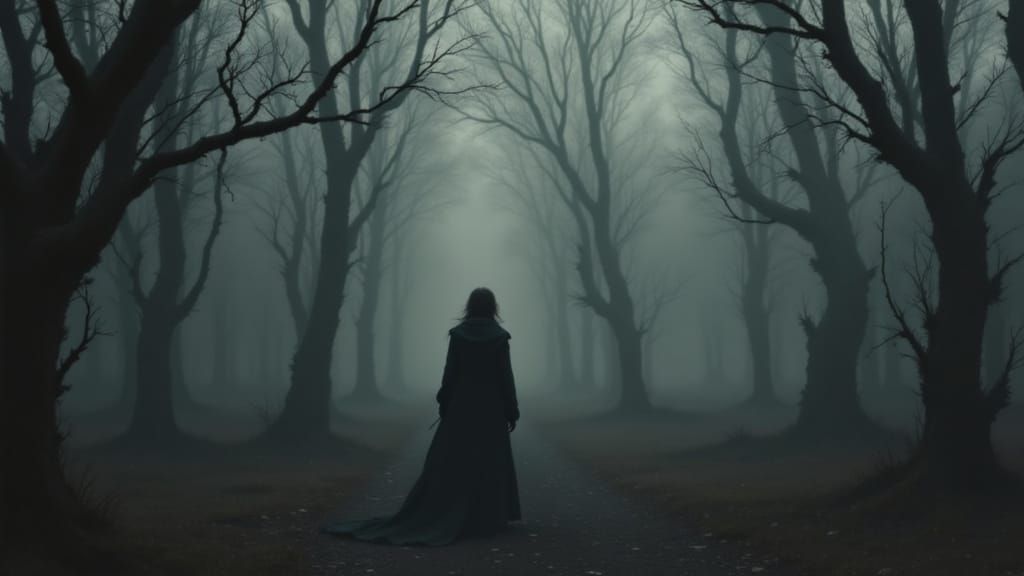 Moody Woman in Misty Forest, Noir Aesthetic