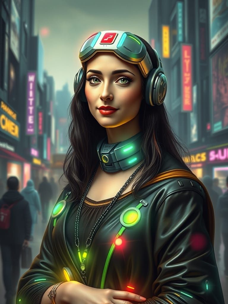 Cyberpunk Mona Lisa in Dreamy Neon Cityscape