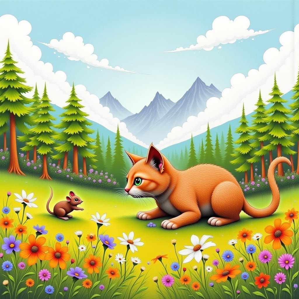 Whimsical Feral Cat Chases Mouse in a Vibrant Mountain Meado...