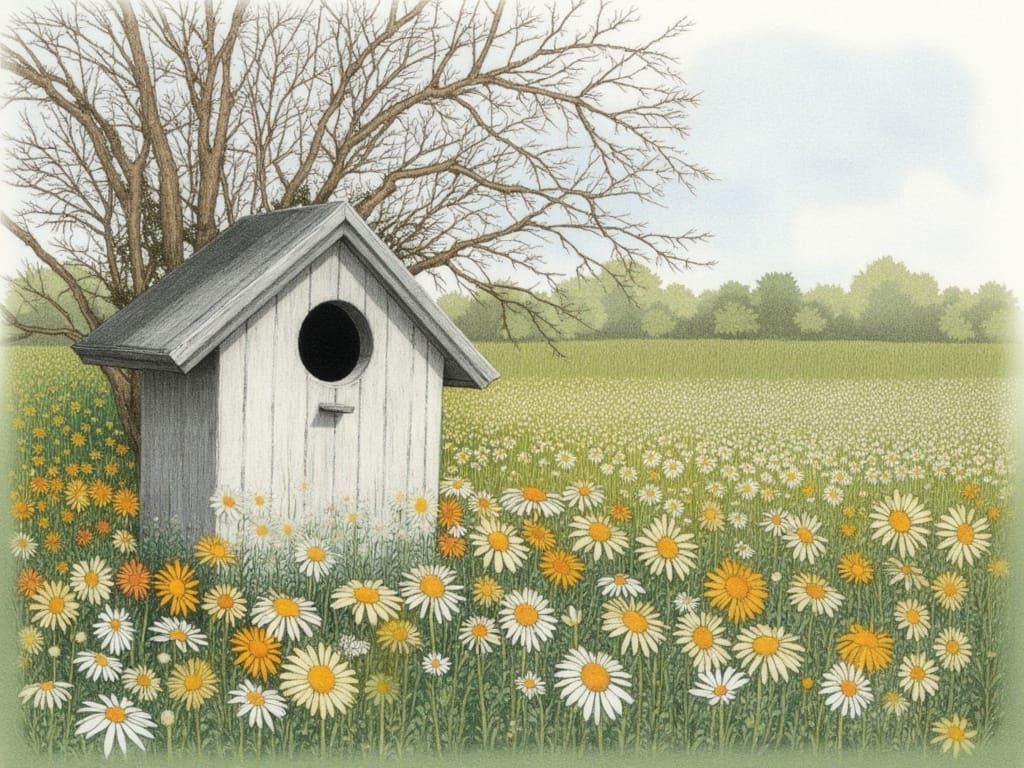 Charming Birdhouse in Watercolor Cottage Garden