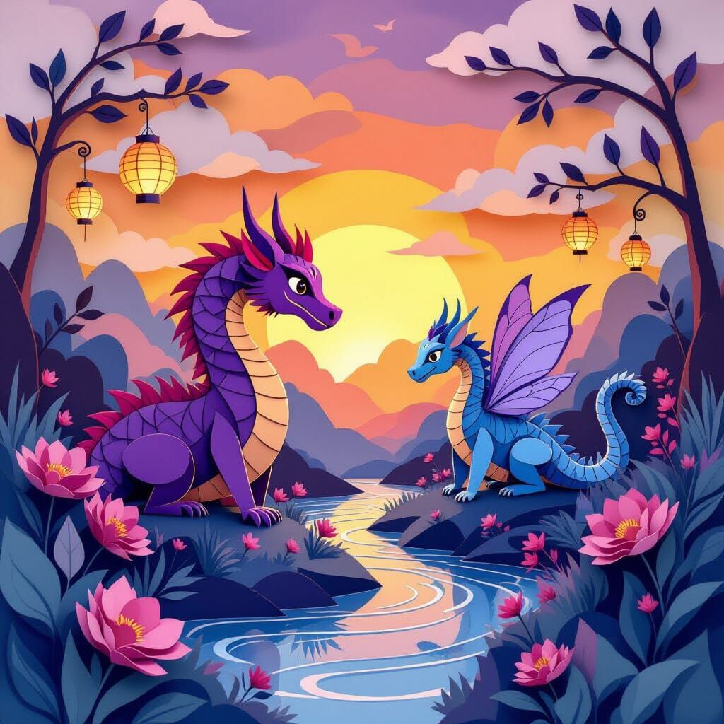 Whimsical Paper Creatures in a Mythical Landscape