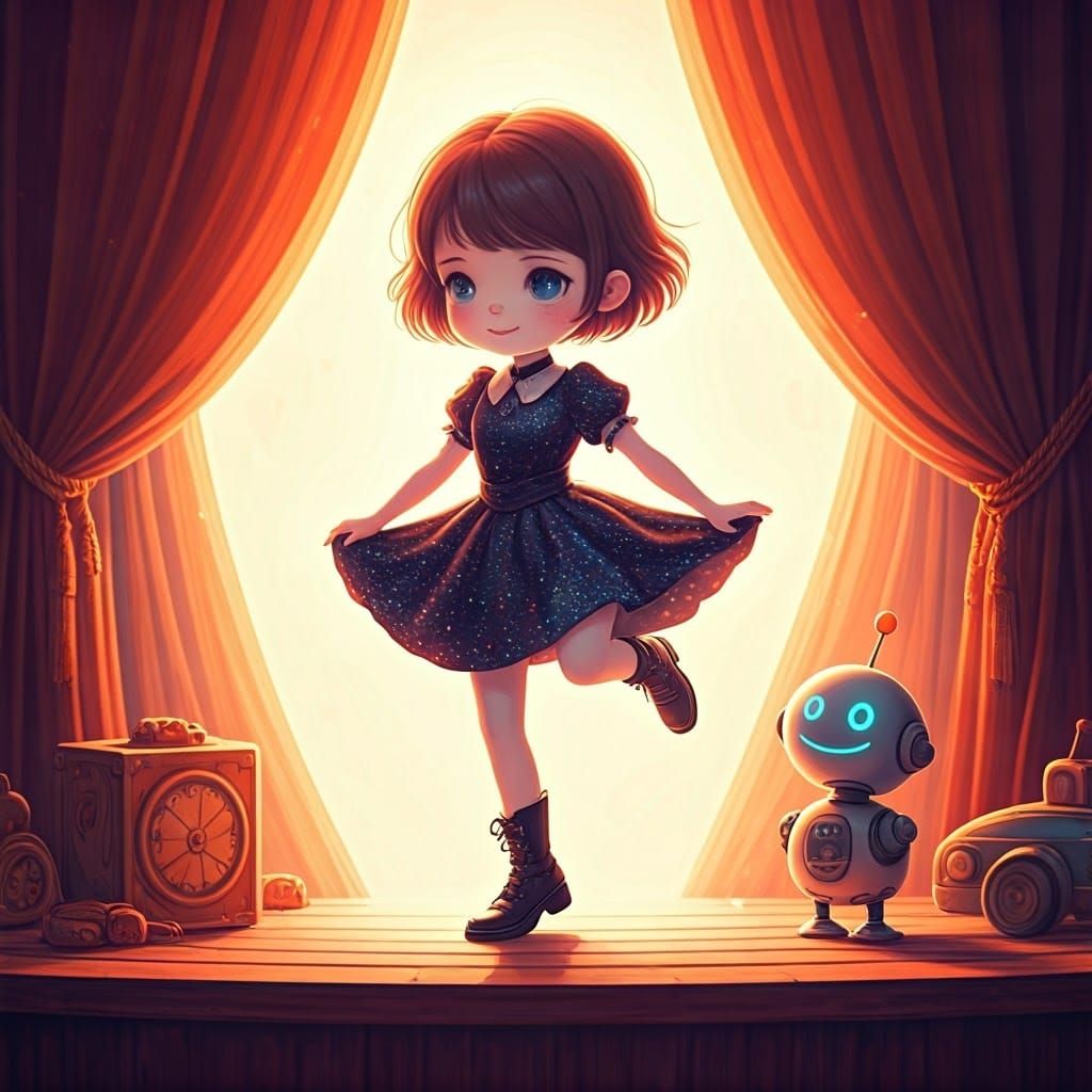 Chibi Goth Acrobat on Kidcore Stage in 3D Digital Art