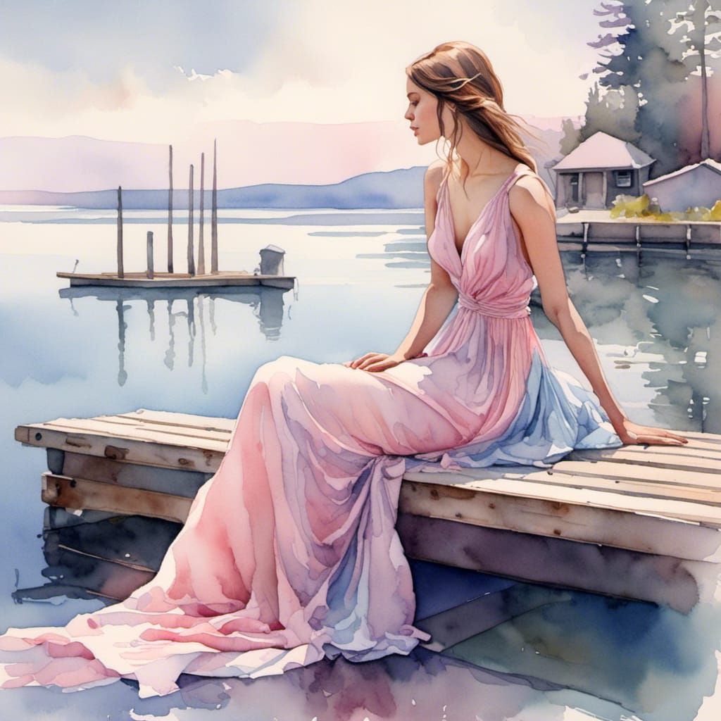 Pastel Watercolor: Woman on Dock