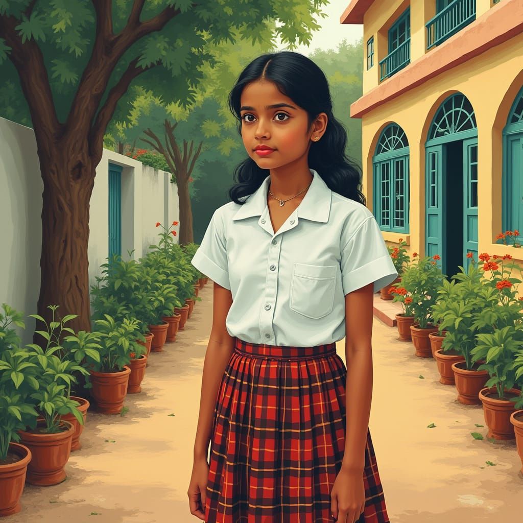 Indian Schoolgirl in Courtyard, Traditional Art Style