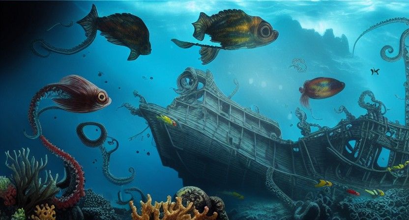 Detailed Pirate Shipwreck in a Colorful Ocean