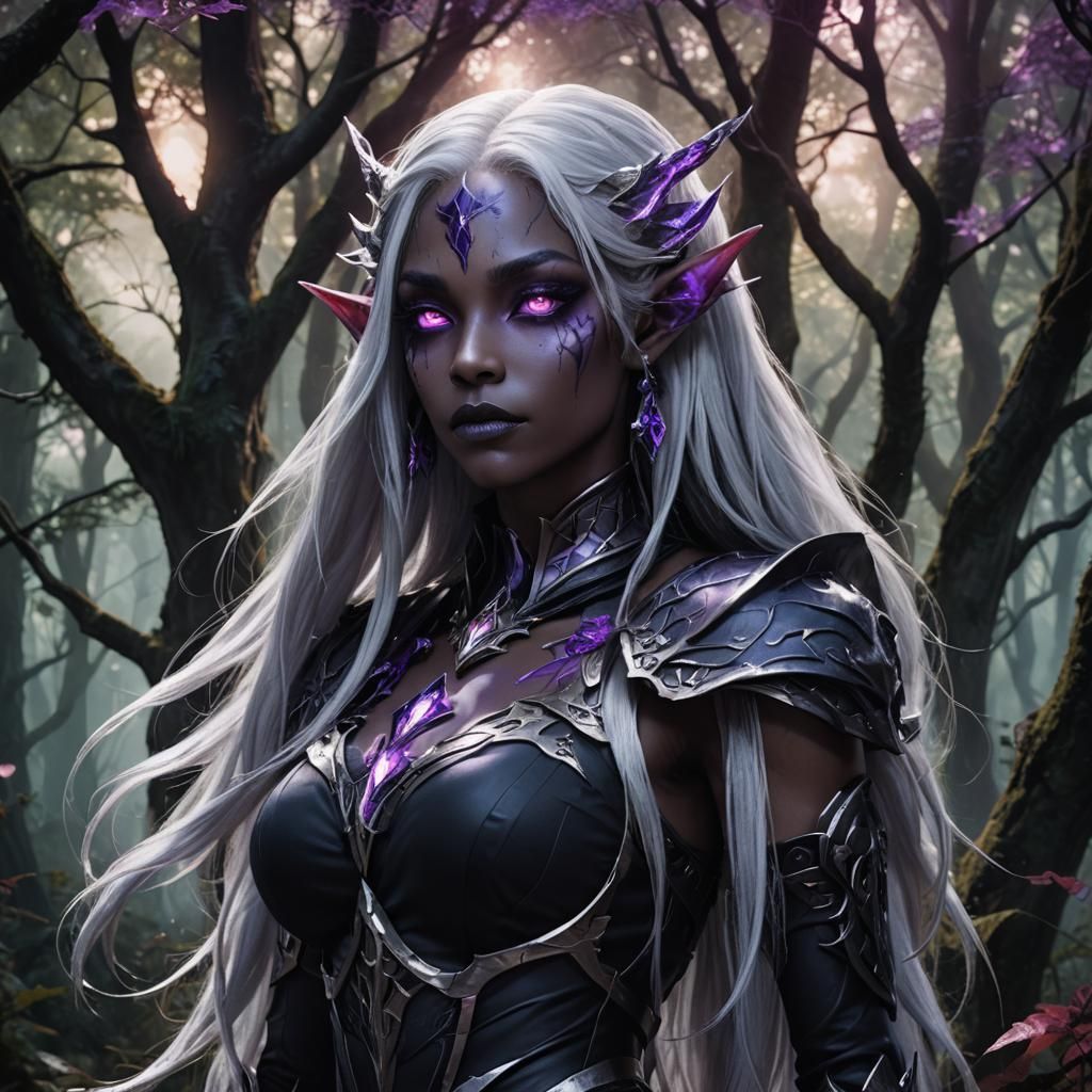 "A striking dark elf woman with obsidian skin, glowing viole...