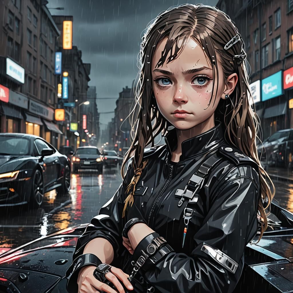 Cyber Gothic Anime: Woman in Leather with Sports Car