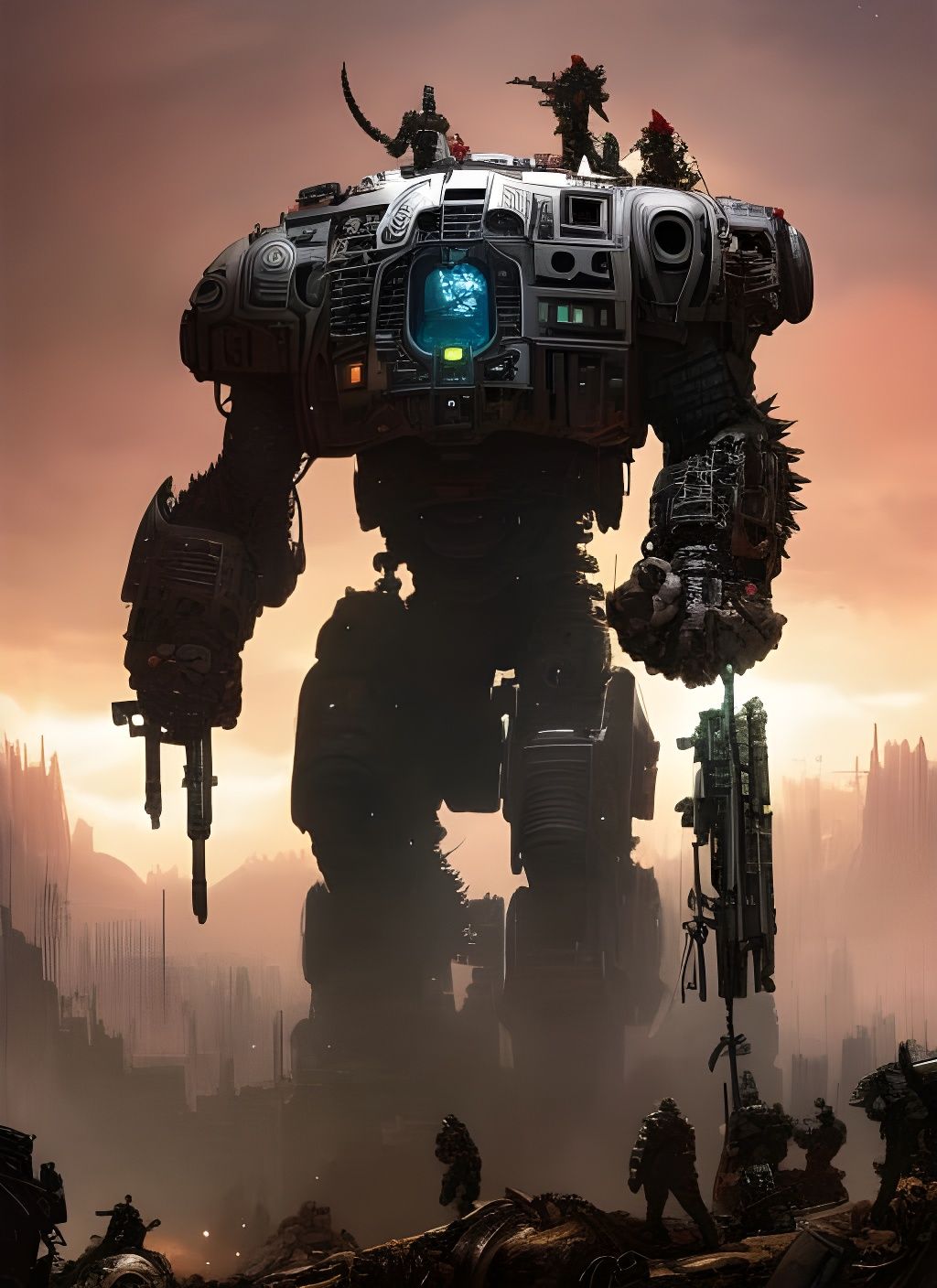 Cyborg Beast Charges Through Wasteland: Gritty Watercolor Ar...