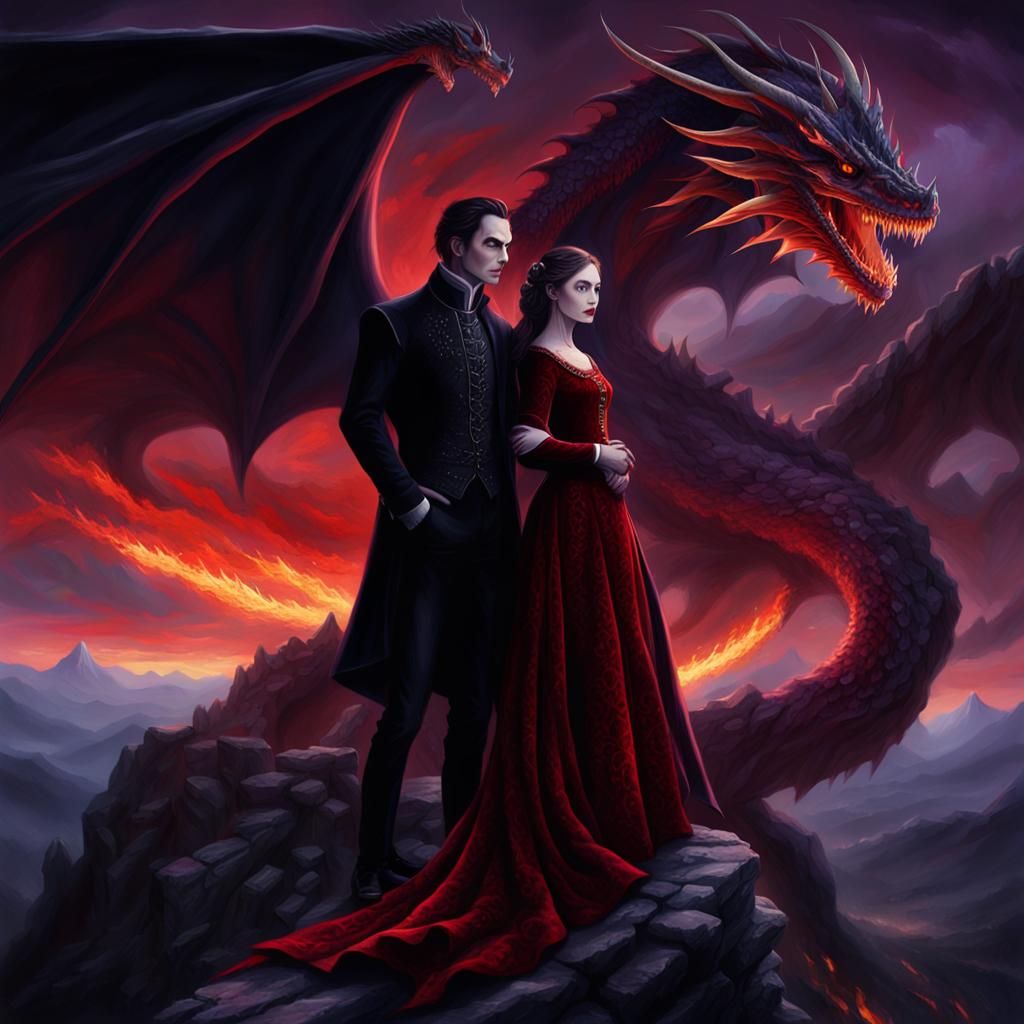 Vampire Couple and Dragon in Gothic Twilight Landscape