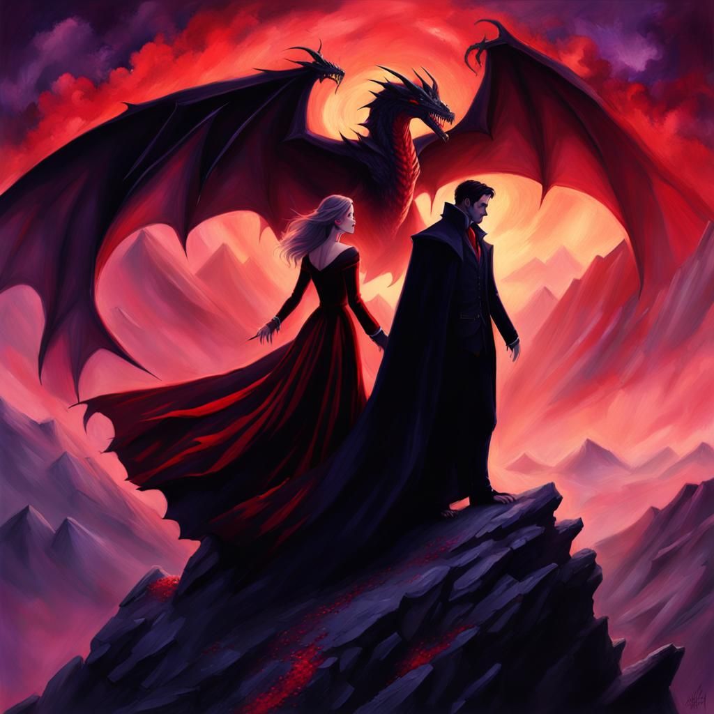 Gothic Vampire, Wife, and Dragon at Twilight
