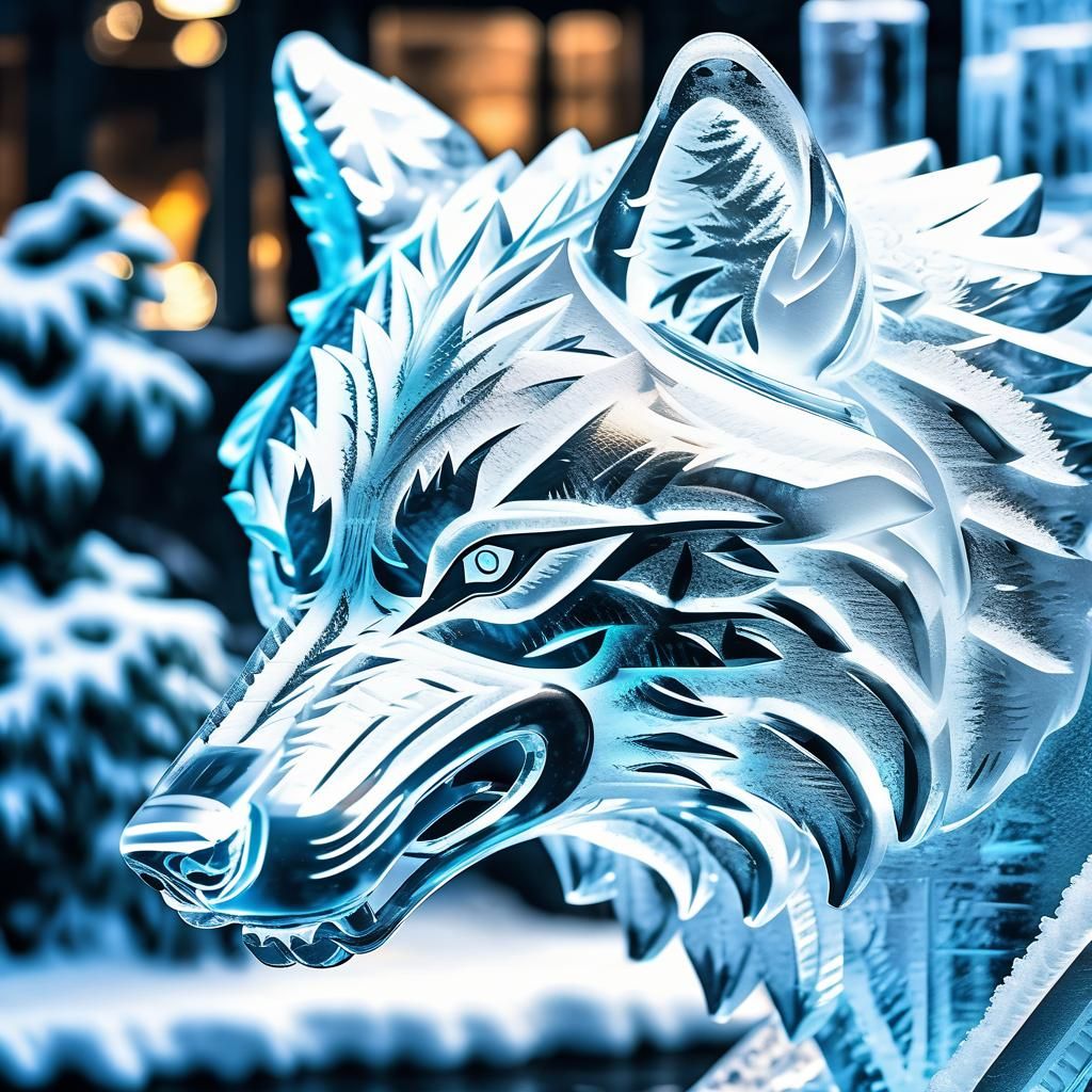 Magnificent Glowing Ice Wolf Sculpture