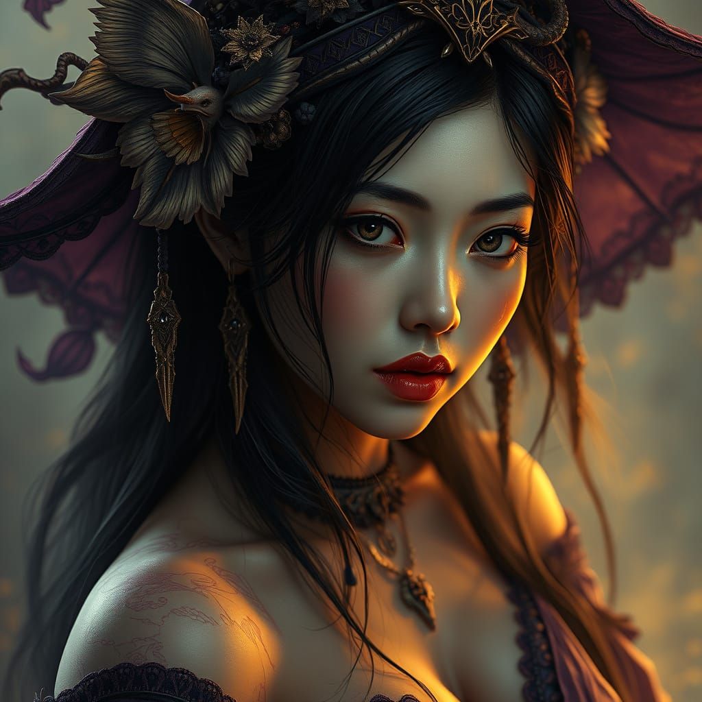 Seductive Asian Witch Concept Art in Dark Fantasy Style