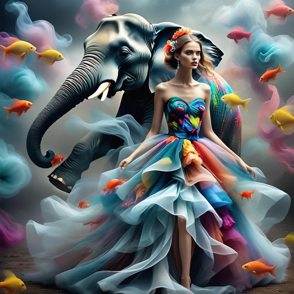 Elephant Tulle Dress: Vivid 3D Digital Painting