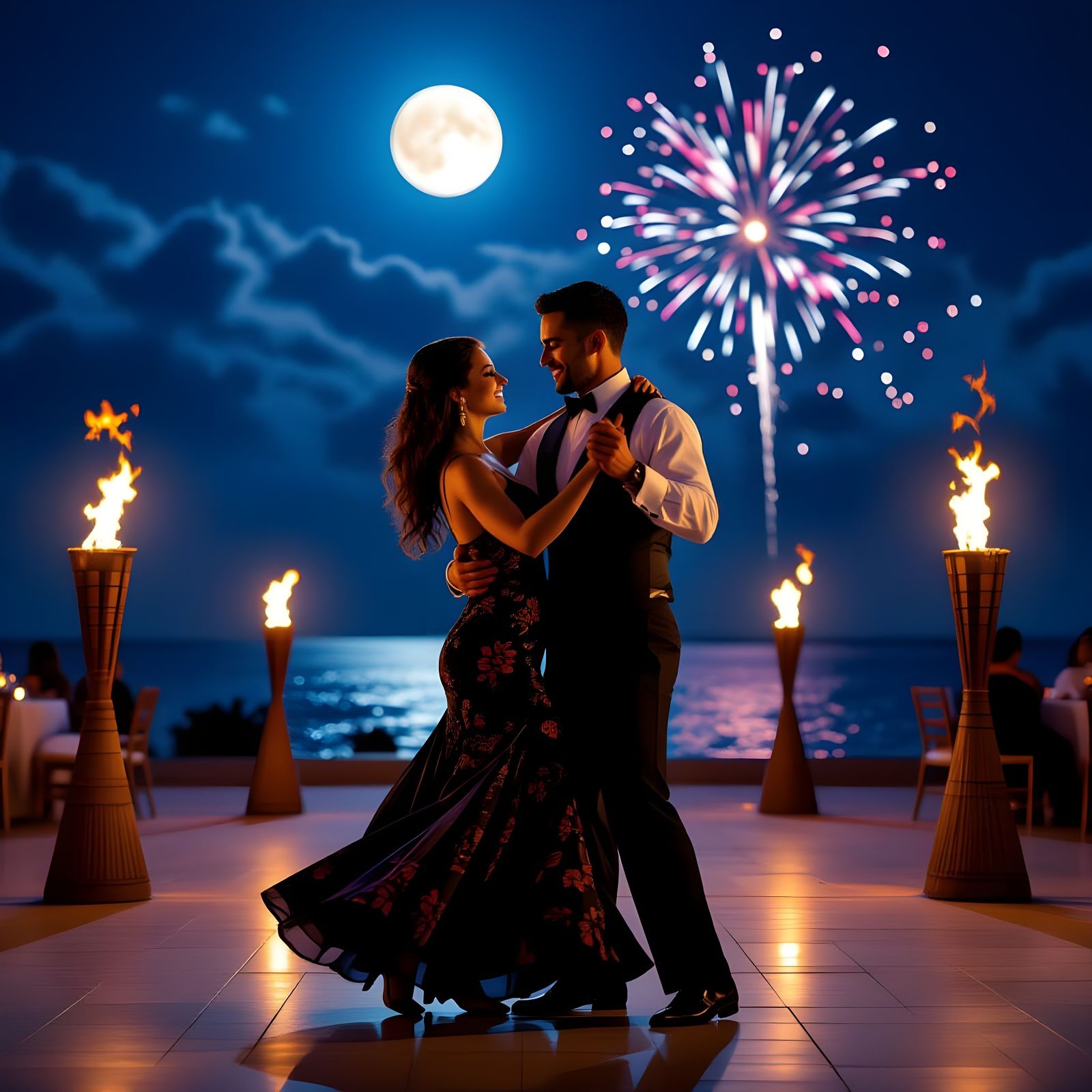 Ballroom Dance Under Fireworks and Moonlight