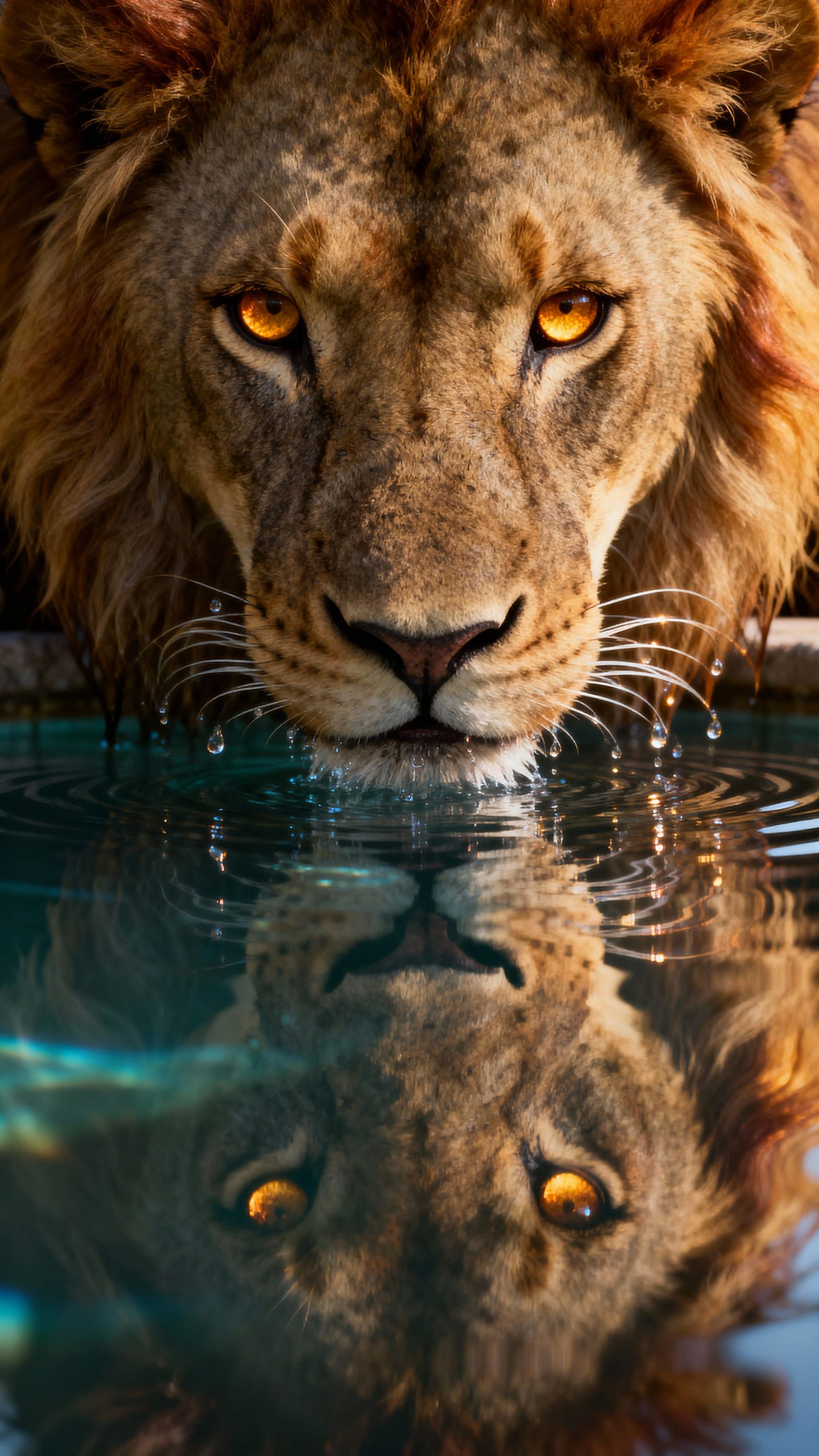 Majestic Lion Drinks from Reflective Pool in Hyperrealistic ...