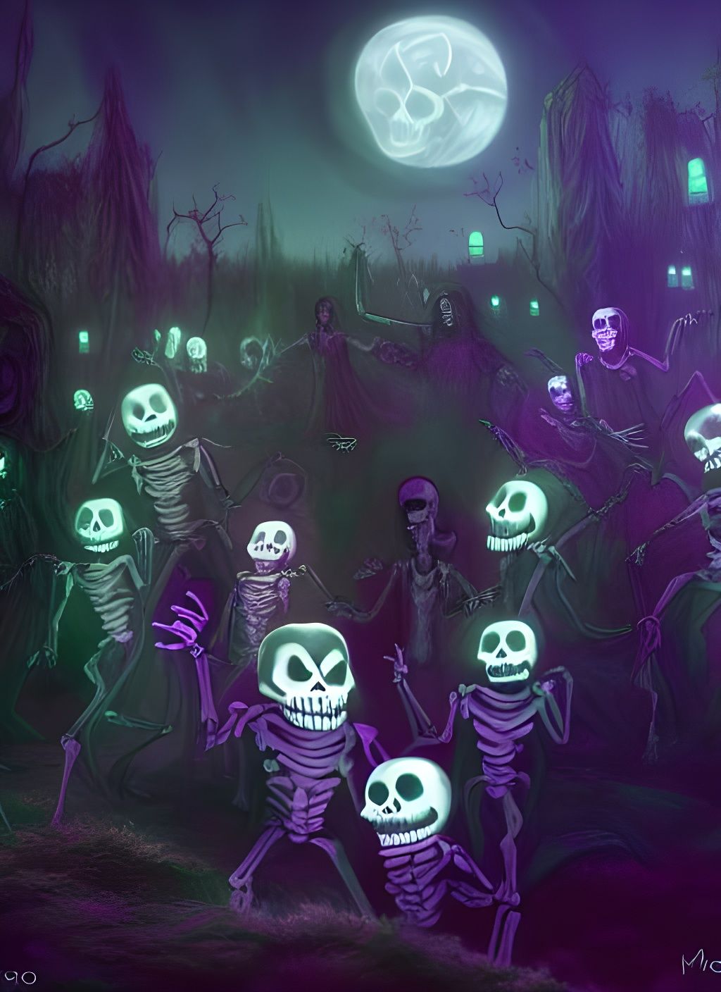 Glowing Skeletons Dance in Black Light Graveyard