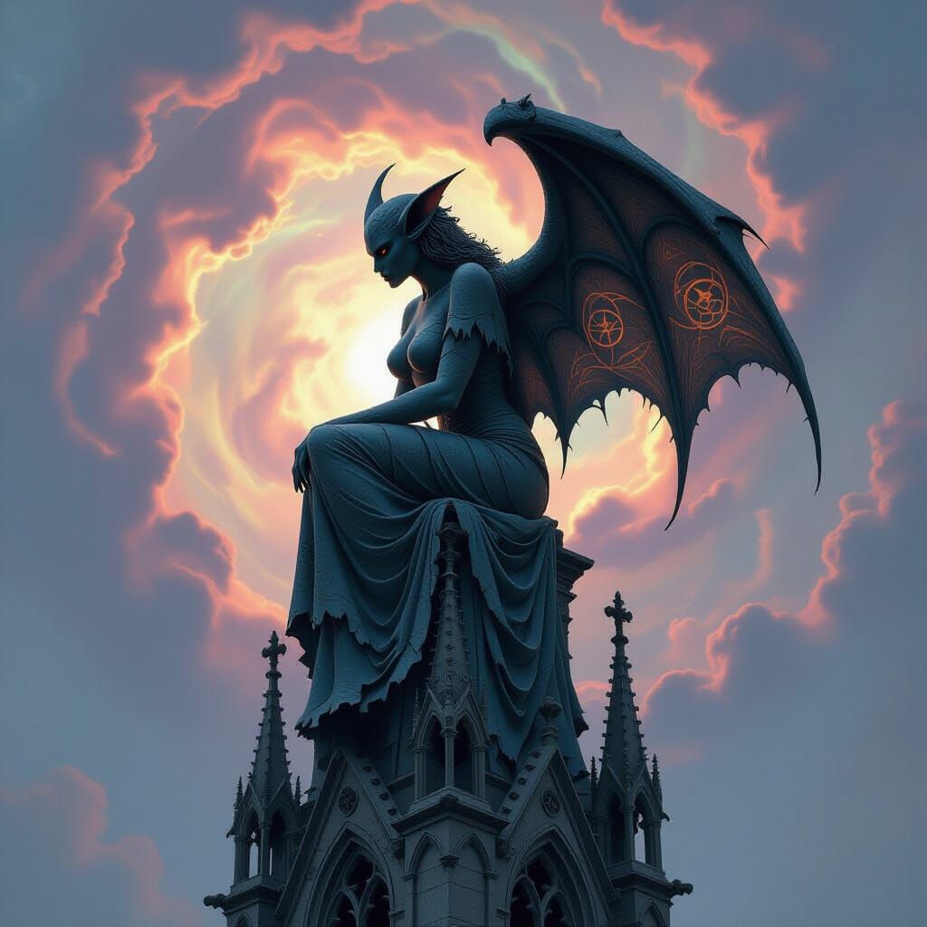 Ancient Female Gargoyle in Cosmic Nebula, Gothic Cathedral