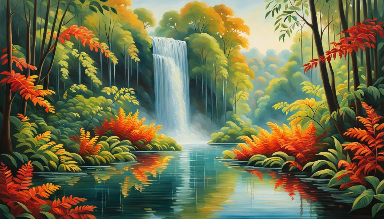 Waterfall in Tropical Paradise: Oil Painting Style