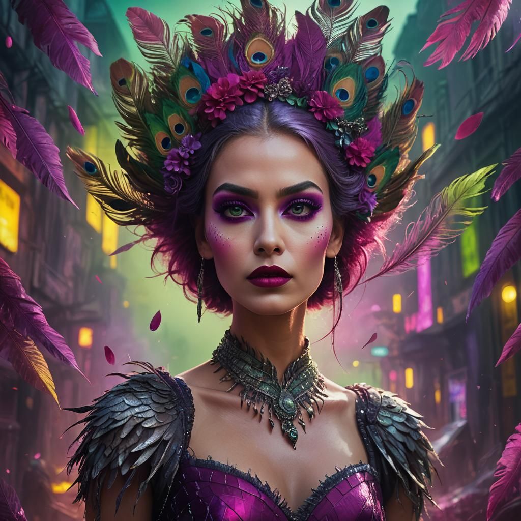Magenta Peacock Woman: Fauvist 3D Rendering