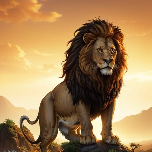 Majestic Lion Resting in Golden Hour Savanna