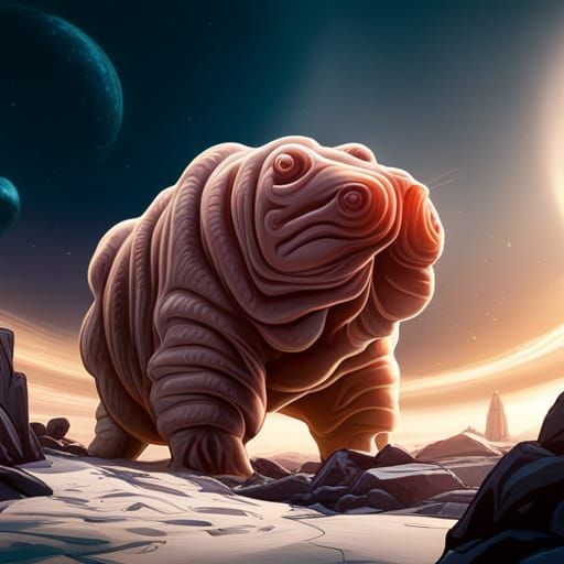 Giant Tardigrade Attacks Spaceport: Detailed Digital Art