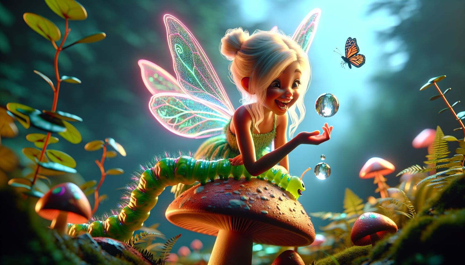 Blonde Fairy Laughs at Her Dewdrop Reflection in Vibrant For...