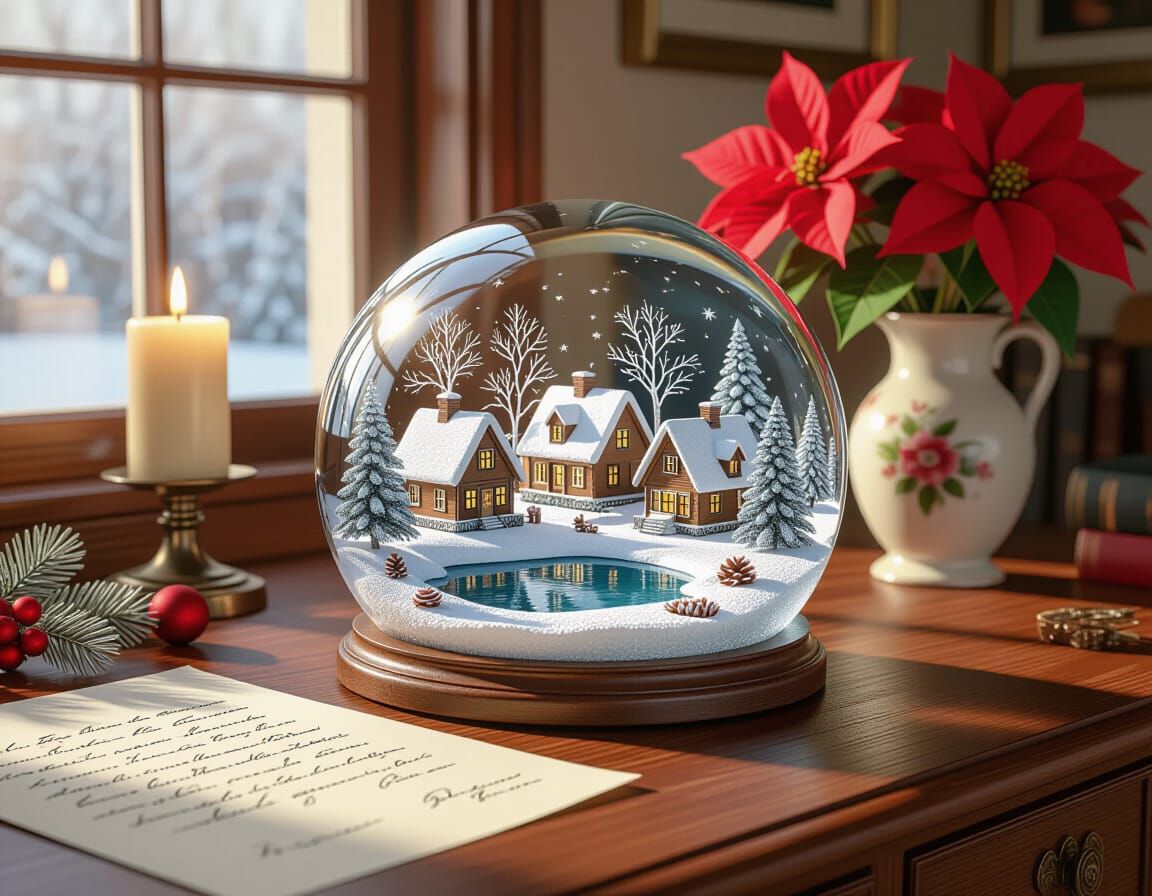 Winter Village in Glass Paperweight, Matte Painting