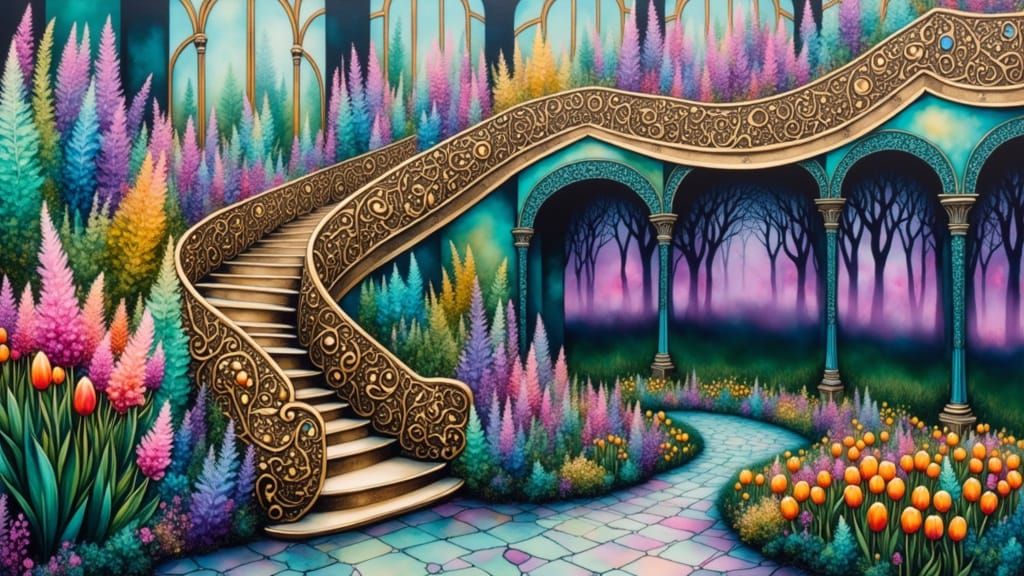 Surreal Mansion Staircase with Abstract Floral Elements