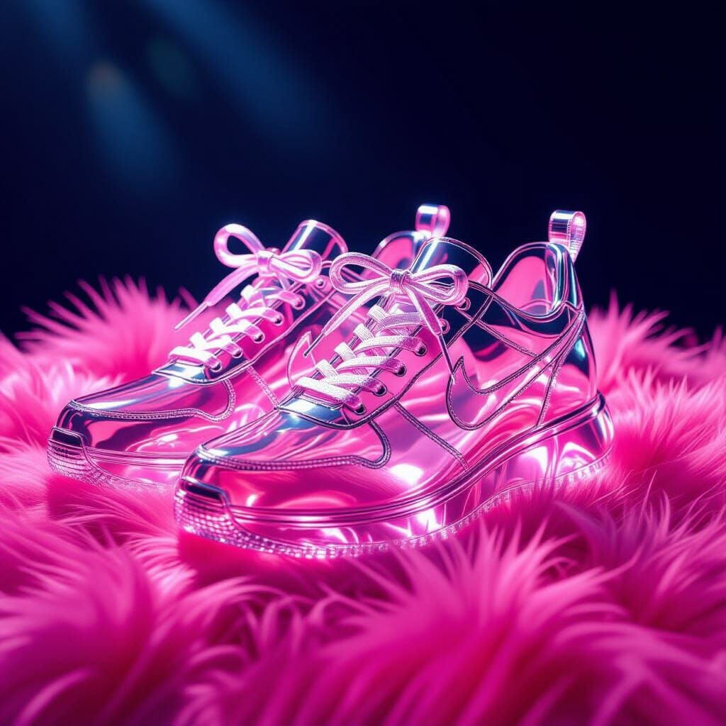Hyperrealistic Glass Sneakers on Pink Fur