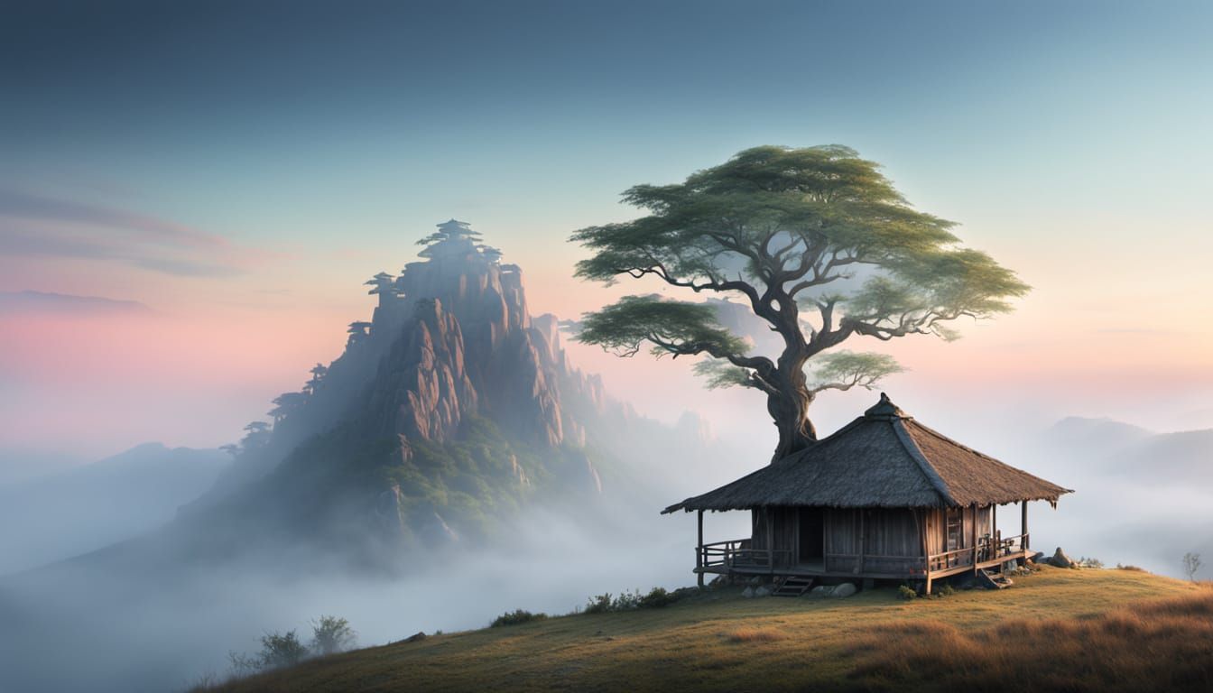 Serene Mountain Peak at Dawn and Dusk with Ancient Tree