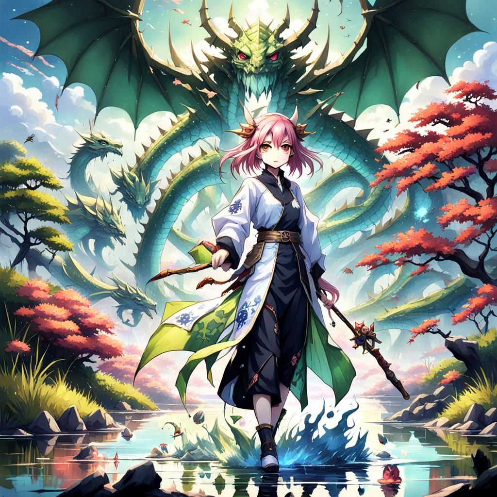 Anime Girl with Dragon Mantis Pet on a Lake