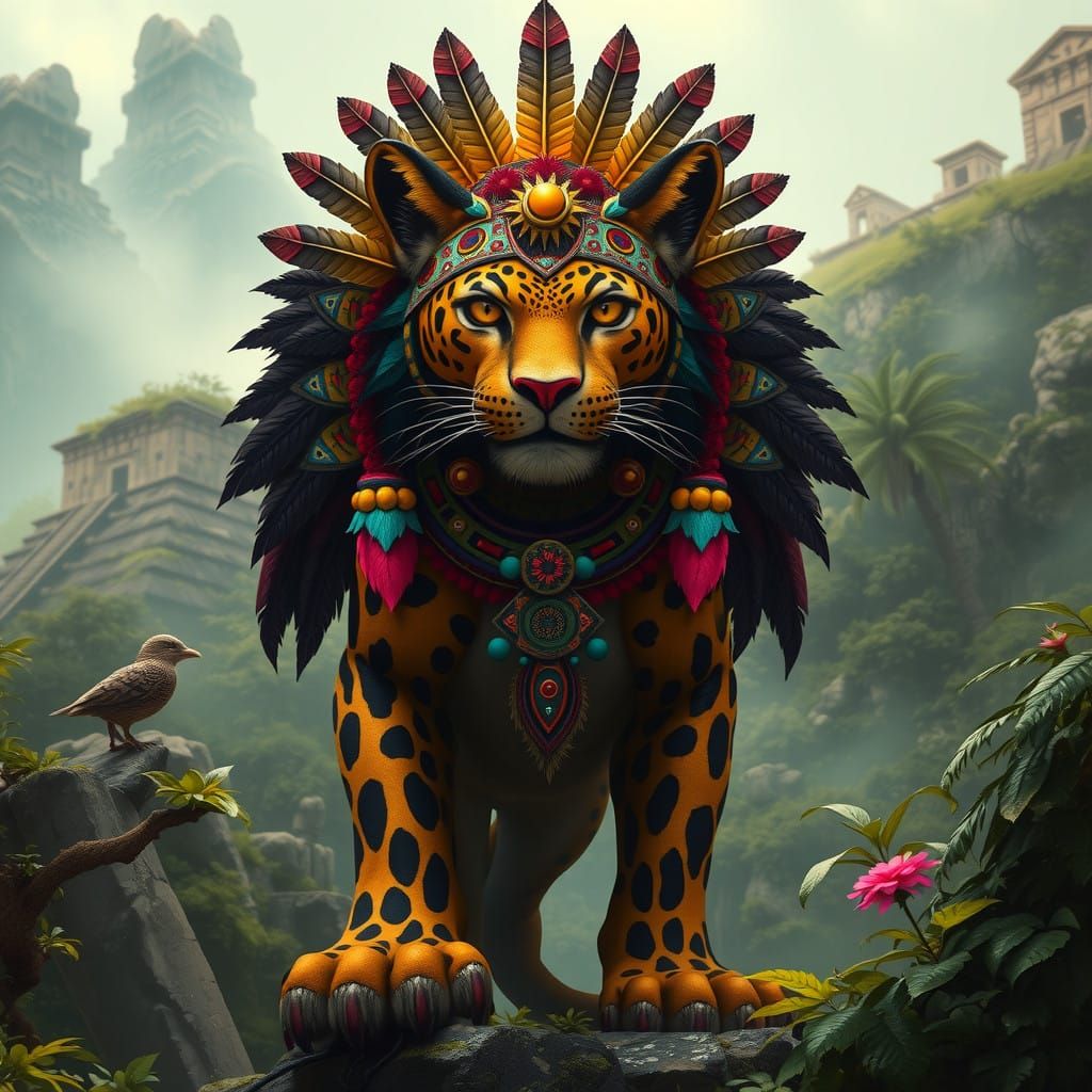 Majestic Incan Jaguar God in Dreamlike Jungle Landscape