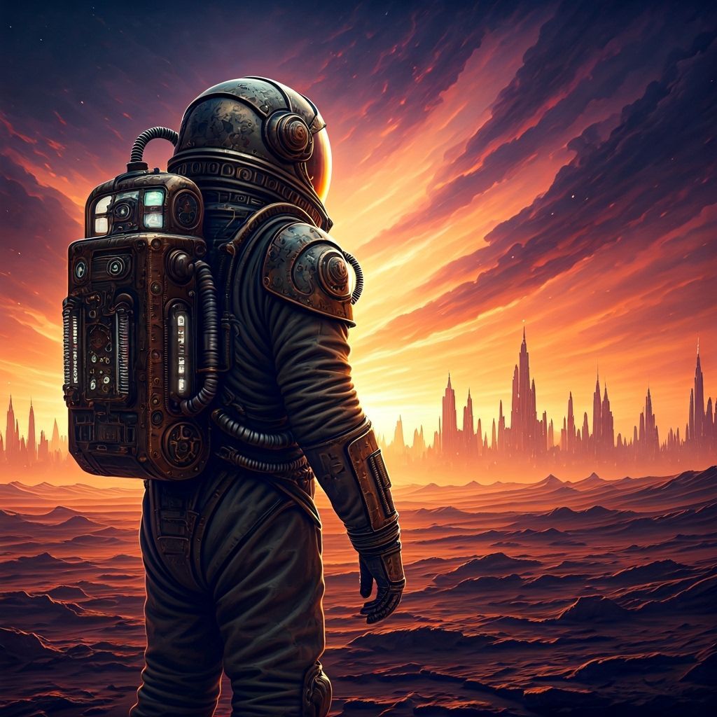 Steampunk Astronaut Gazes at Alien Cityscape