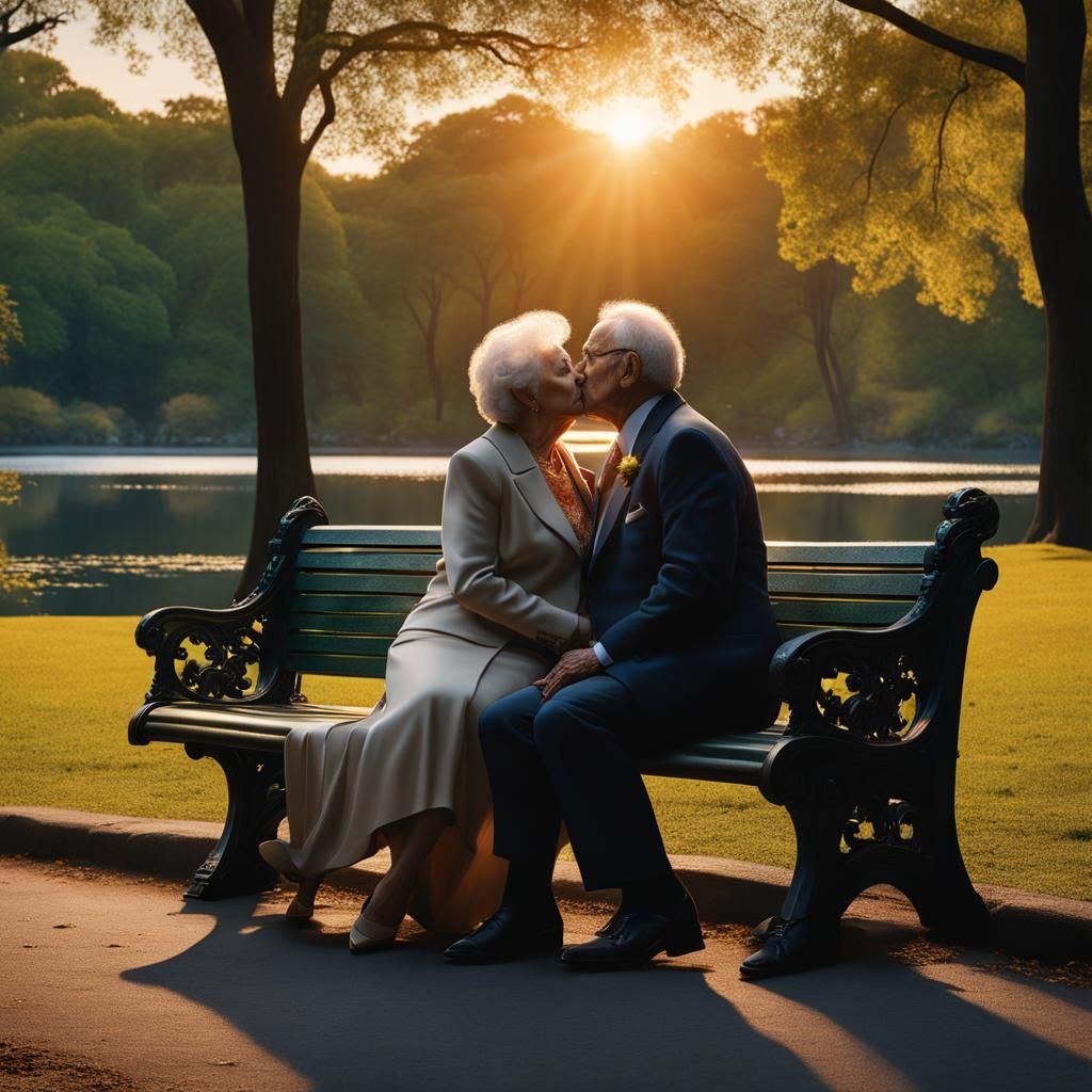 Elderly Couple Kissing in Central Park at Sunset