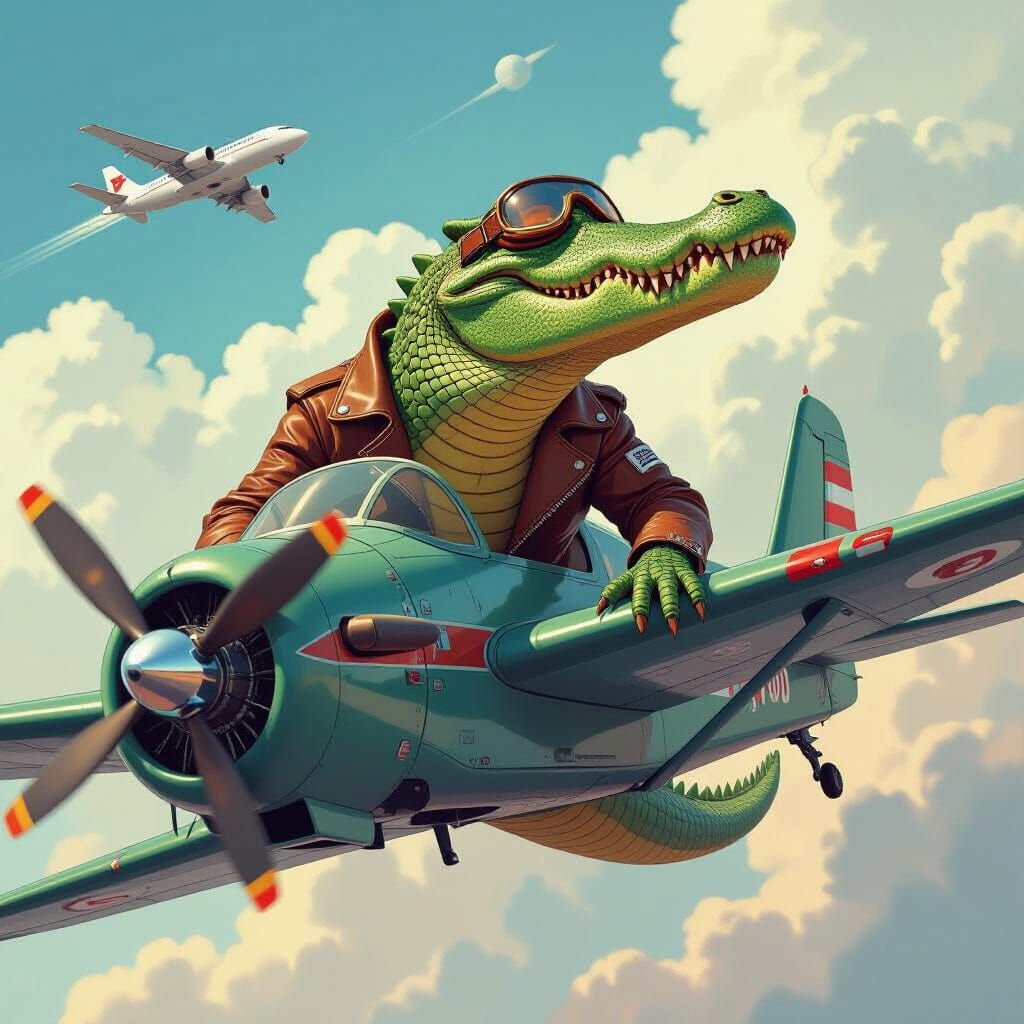 Crocodile Pilot in Airplane: Futuristic Digital Illustration