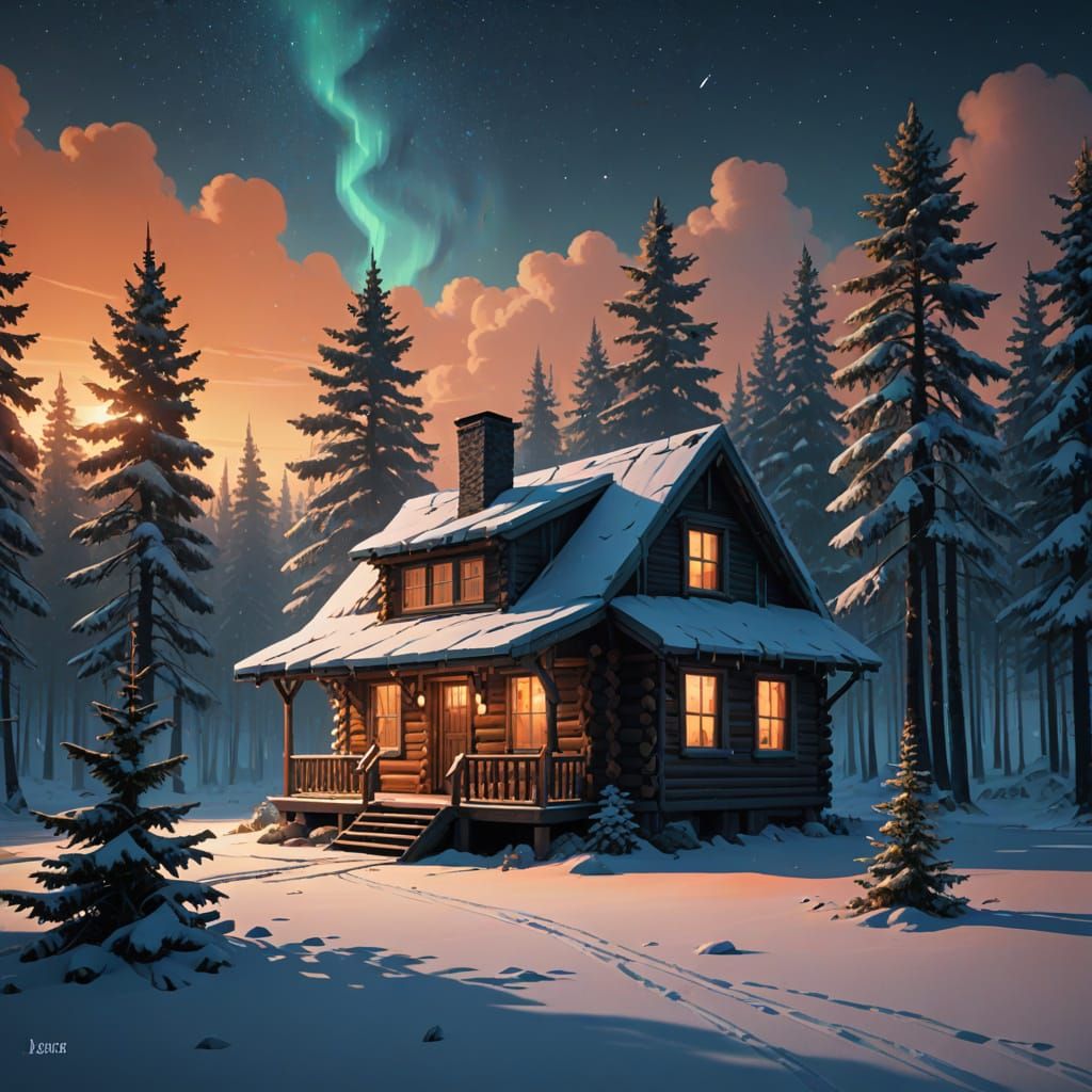 Winter Log Cabin Under Starry Night Sky
