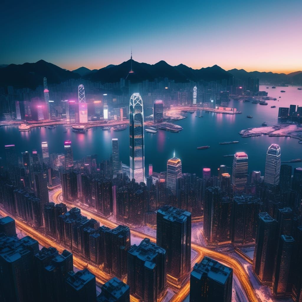 Frozen Cyberpunk Hong Kong at Sunrise